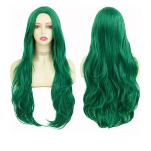 Tseses Green Long Curly Wave Wig for Women Middle Part Curly Wig Natural Looking Synthetic Fibre Hair Wig for Halloween Party Cosplay Use