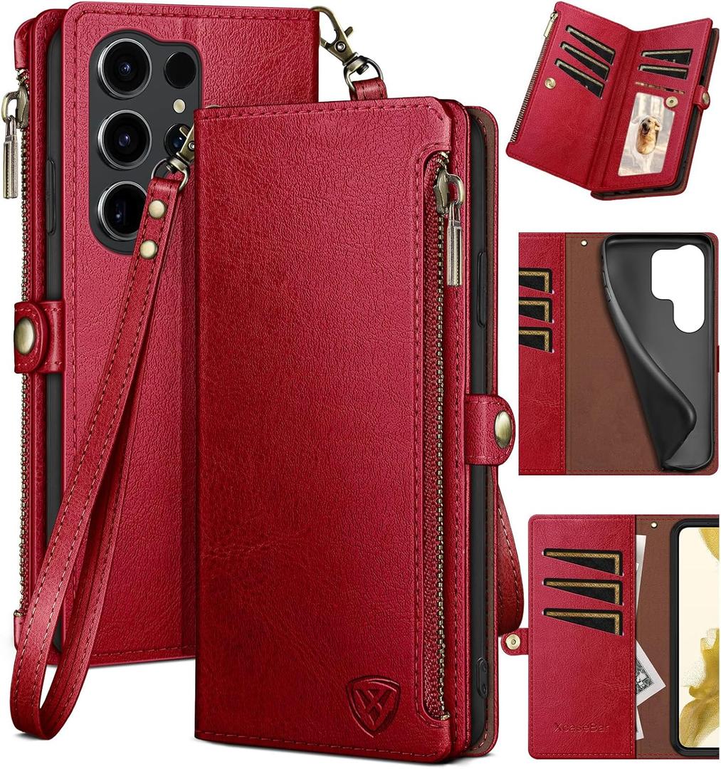 XcaseBar Compatible with Samsung Galaxy S25 Ultra Wallet case with Zipper Credit Card HolderRFID Blocking,Flip Folio Book PU Leather Phone case Shockproof Cover Women Men for S25 Ultra case Red