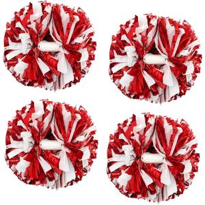4Pcs Metallic Cheerleading Pom Poms, Creatiee 2 Pair Cheerleader Cheering Squad Pompoms for School Sports Dance Games Team Spirit Cheer (Red-White)
