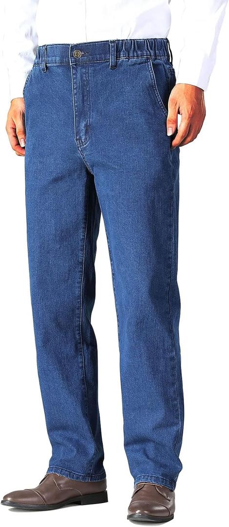 Soojun Mens Elastic Waist Jeans Relaxed Fit with Zipper and Button (30W x 30L, Blue)