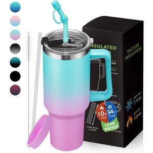 40 oz Tumbler with Handle and Straw 100% Leak-proof Coffee Tumbler Stainless Steel Insulated Travel Coffee Mug with Non Pop-off Lid, Birthday Gifts for Women Men, Water Bottle Fits in Cup Holder (Green Purple)