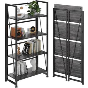 BHG Vintage Multifunctional Folding Bookshelf, No-Assembly Plant Stand Storage Rack Shelves for Home Office (Gray, 4-Tier) (Grey)
