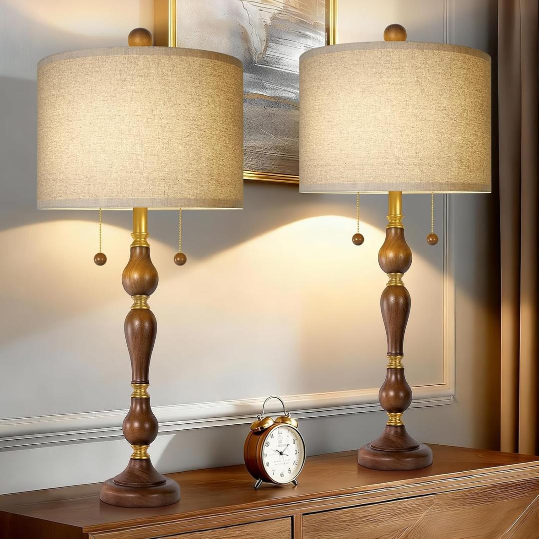 Scenekoy 30" Natural Real Wood Table Lamps Set of 2, Rustic Farmhouse Traditional Table Lamps with Shade for Living Room, Bedside Lamp with Pull Chains Dual Switch for Bedroom Office (Bulbs Included)