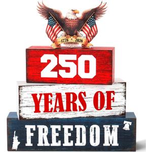 4 Pcs 250th Anniversary Patriotic 4th of July Wooden Tiered Tray Decor, Memorial Day Decorations Gifts for Home, Independence Day Red White Blue Table Centerpiece for Office Party Shelf Kitchen