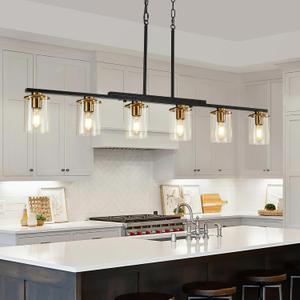6-Light Kitchen Island Lighting,Dining Room Lights Modern Farmhouse Chandelier with Clear Glass Shade,Modern Rustic Black and Gold Metal Chandelier, Kitchen Pendant Light Fixtures Over Table