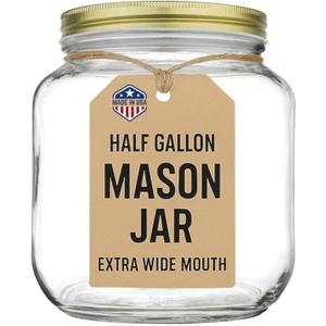 kitchentoolz Half Gallon Mason Jar Wide Mouth with Airtight Metal Lid - Safe for Fermenting, Pickling, Sourdough & Kombucha - Glass 64 oz Mason Jar - Made in USA - BPA Free