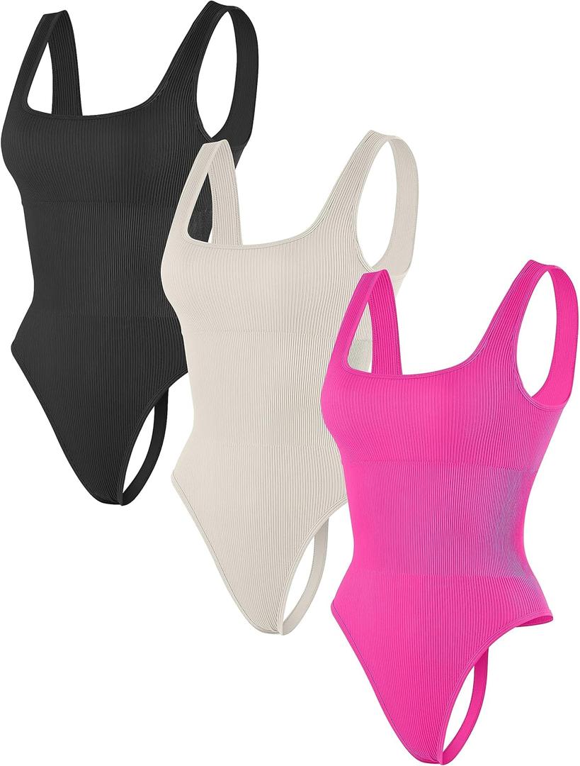 HEGALY Thong Bodysuits for Women 3 Piece Sexy Ribbed Seamless Tummy Control Shapewear Sleeveless Square Neck Tank Top (Small, Black Rose Beige)