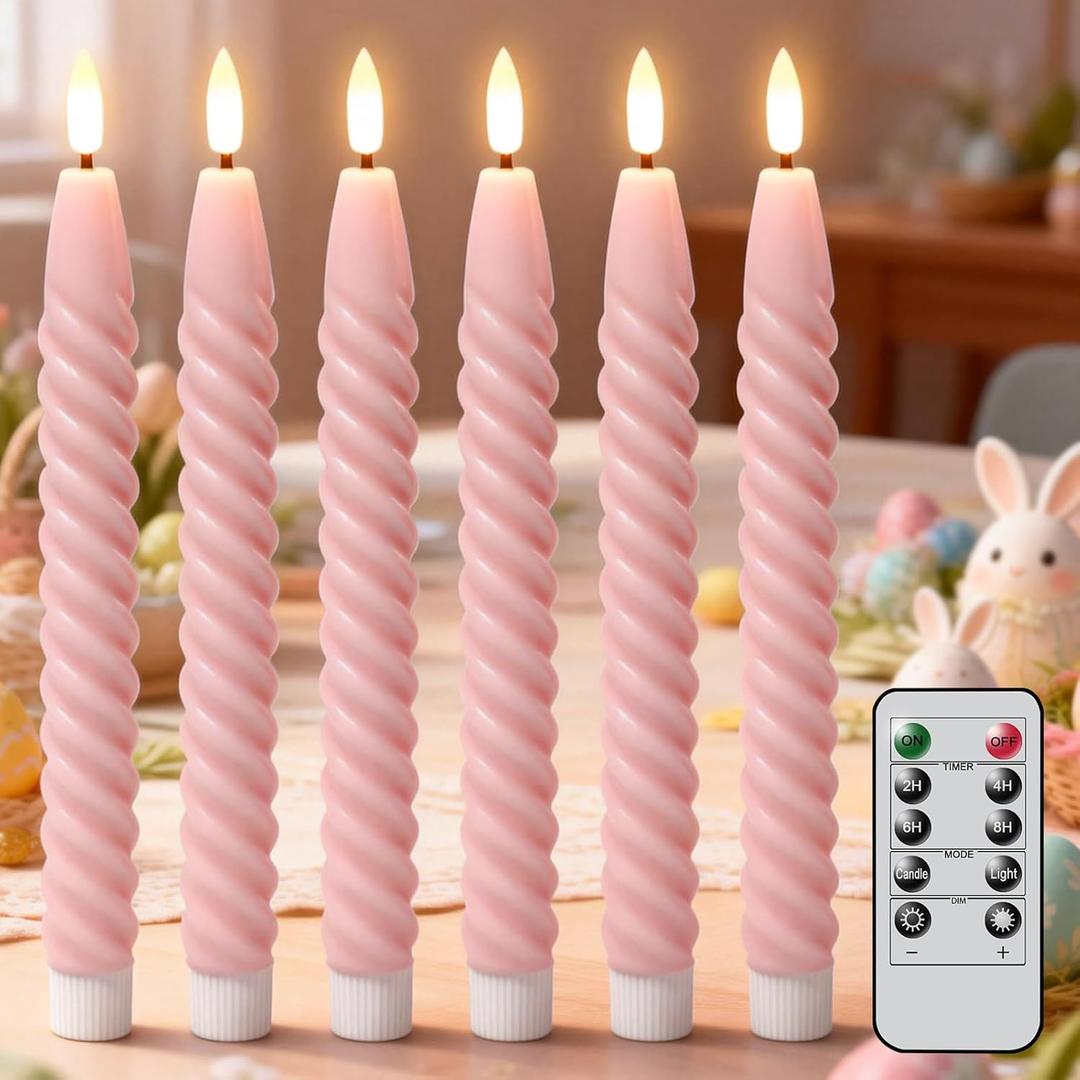 Pink Flameless Taper Candles Real Wax Flickering Pastel with Remote Timer, 3D Wick LED Spiral Candles Battery Operated 6 Pack 9.8 inch, Wedding Birthday Home Party Holiday Dinner Decor