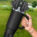 Toykee Bow Straw Topper with Cup Bootfor Stanley 40 30 oz - Bling Glitter Black Bow and Diamond Cover Caps with Bottom Protector 3 PCS Sets for Tumbler Accessories