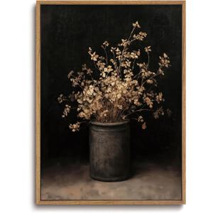 ZZLWBKGL Vintage Dried Floral Framed Wall Art Dark Moody Botanical Canvas Wall Art Cottage Core Pictures Wall Decor Rustic Still Life Art Prints for Living Room Bedroom Study (24"L x 16"W)