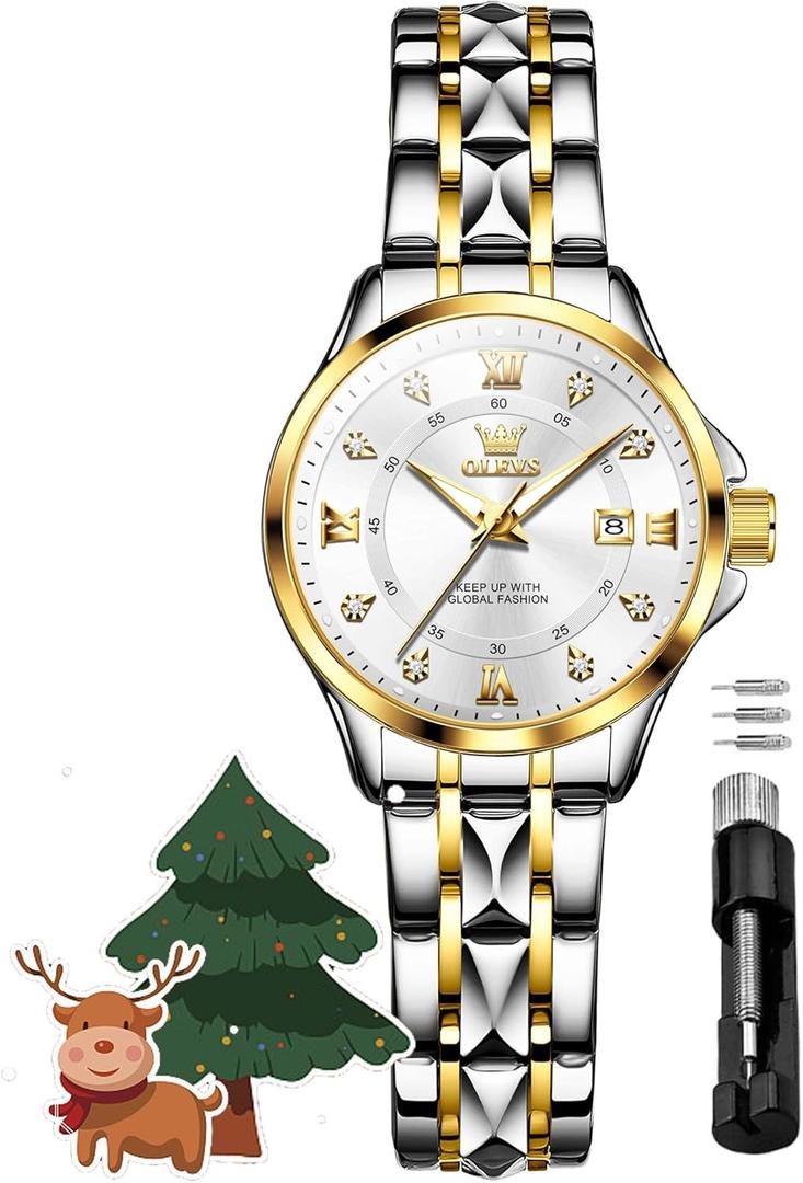 OLEVS Women's Watches Luxury Fashion Diamond Classic Arabic Dial Wrist Watch for Women with Date Waterproof Stainless Steel Quartz Ladies Watch (2906 Gold Silver White Face)
