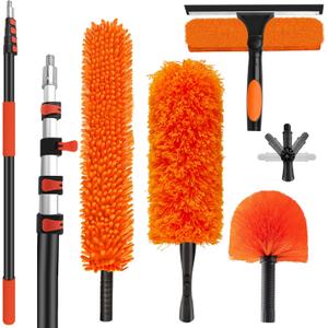 26FT High Reach Duster Cleaning Kit with 5-20 FT Extension Pole,High Ceiling Dusting and Window Cleaning Kit with Microfiber Feather Duster,Cobweb Duster,Ceiling Fan Duster,Window Squeegee Cleaner