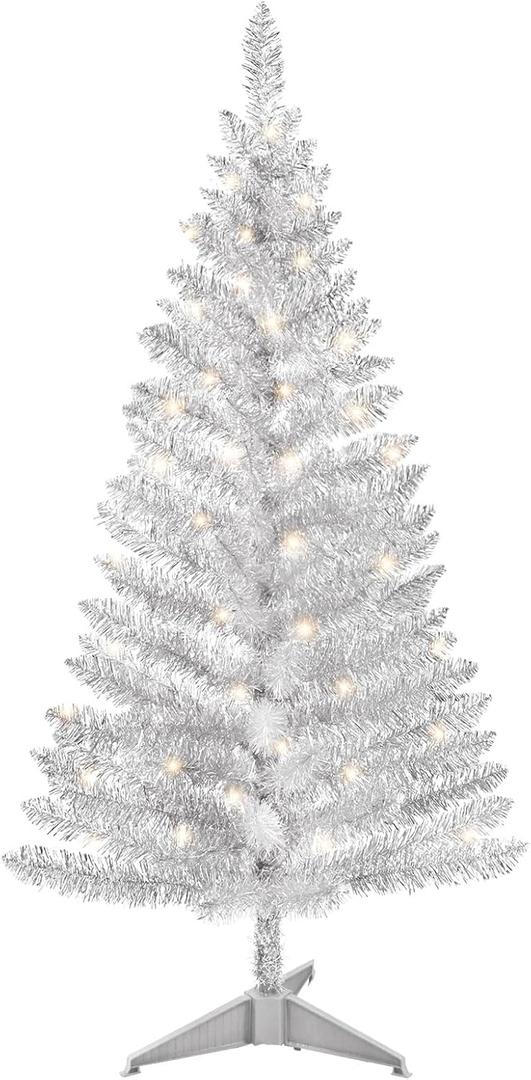 4ft Lighted Artificial Silvery Christmas Tree, Not Pre-lit Silvery Tinsel Pine Trees with Lights, Ideal for Ideal for Home, Office, and Xmas Party Dcor - Includes Stand