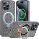 FlyReal Designed for iPhone 15 Pro Max Case with 360° Magnetic Stand, Carbon Fiber Phone Case [Compatible with Magsafe] [16FT Military Protection] with Stand Ring 6.7'', Natural Titanium