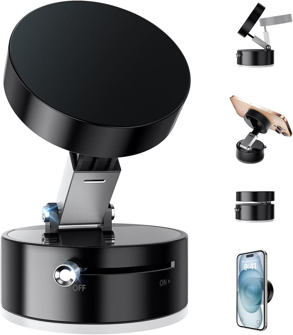 Vacuum Suction Magnetic Phone Holder, Adjustable Vacuum Magnetic Car Phone Holder Foldable Vacuum Magnetic Cell Phone Holder Stand Suction Phone mount for iPhone 16/15/14/13/12/Gym/Shower/Car/Mirror (Black)