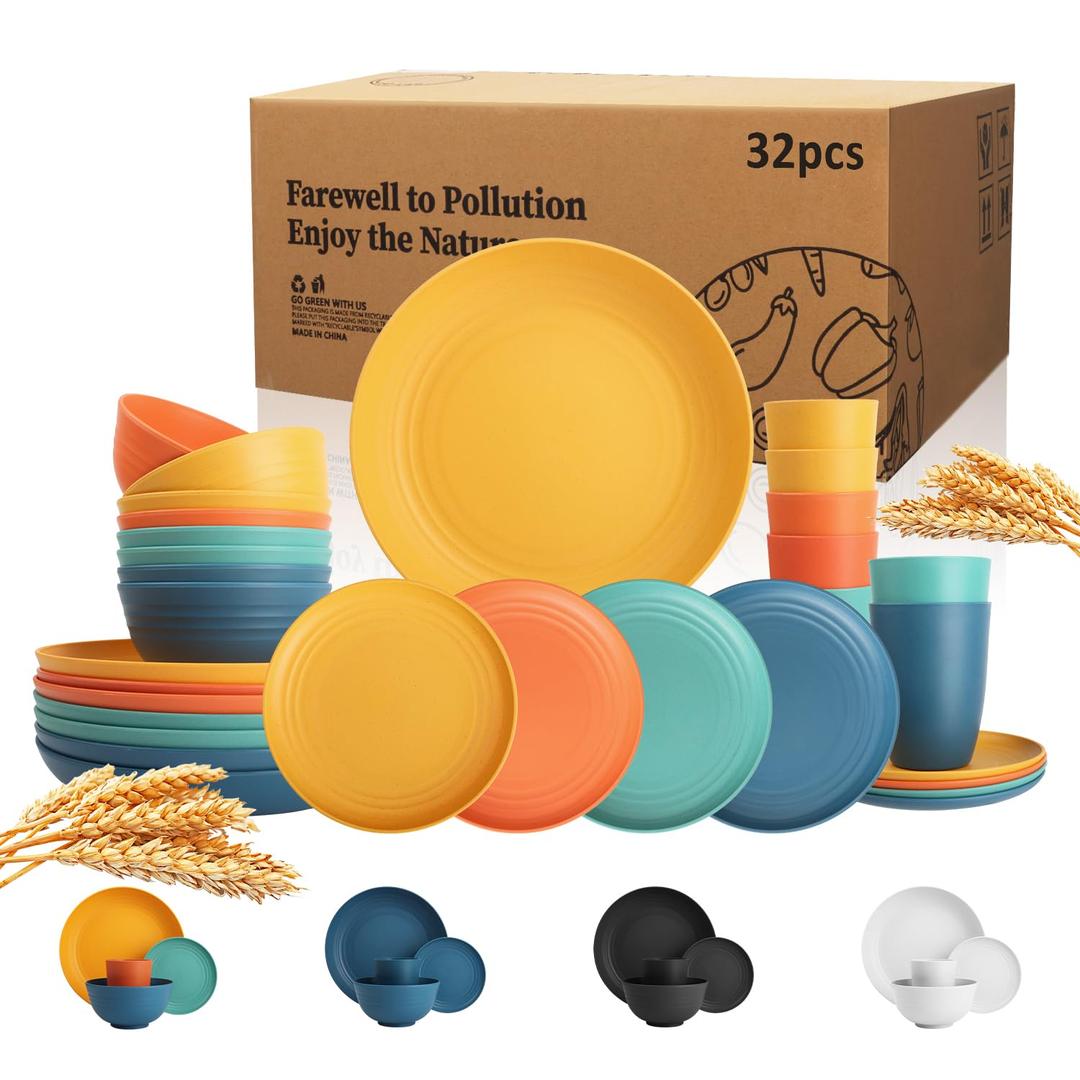 Wheat Straw Dinnerware Set of 32, Unbreakable Dinner Plates and Bowls Dishes Sets Service for 8,Dishwasher Safe Dinnerware Sets for Kitchen and Camping.Vibrant Series,