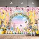 10X8ft Spring Easter Backdrop Cute Bunny Colorful Eggs Floral Colorful Wood Photography Background for Easter Party Decorations Photo Booth Cake Table Supplies Photo Studio Props Wall Decor Banner