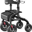 Walkers for Seniors, Rollator Walker with Seat and Backrest, 10" Big Wheels All Terrain, Rolling Walker Foldable Supports 350lb, Lightweight & Height Adjustable, Cane & Cup Holder, Black