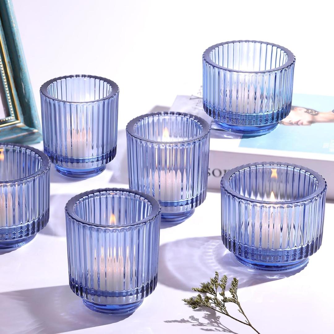 6pcs Assorted Blue Votive Candle Holder for Wedding Centerpieces, Vintage Ribbed Tealight Candle Holder for Room Decor, Large Glass Candle Holder for Christmas Decor Party Table Centerpiece