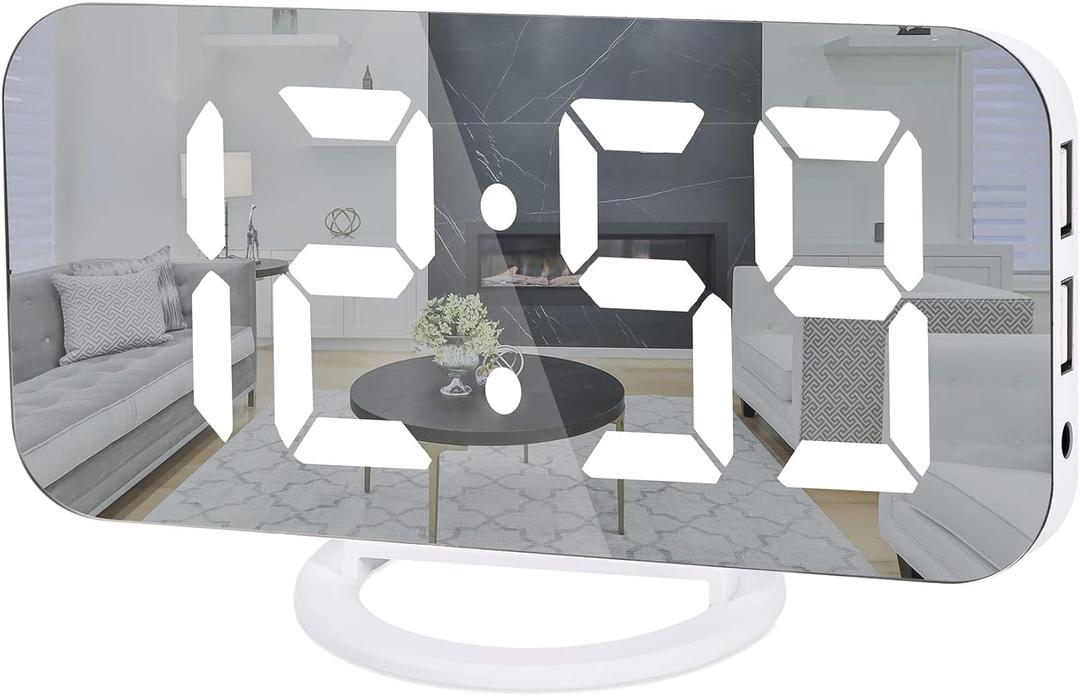 Ygdigital Digital Alarm Clock,6.5 Inch Large Display LED Mirror Electronic Clocks, with Snooze,12/24H,Dual USB Charging Ports, 3 Adjustable Brightness,for Bedroom Home Office -White