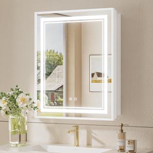 TokeShimi 24x30 Inch LED Medicine Cabinet White Frame, Medicine Cabinet with Lights, 3-Color Lighted Medicine Cabinet Mirror for Bathroom, Anti-Fog, Tempered Glass, Outlets, Wall-Mounted/Recessed