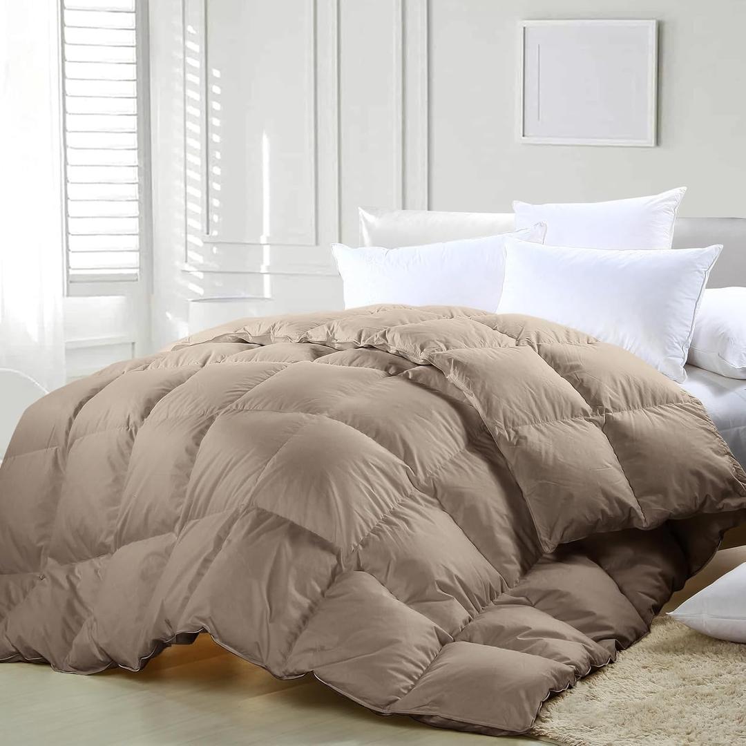 Zzlamb Lightweight Feather Down Comforter Khaki, All Season Warm Duvet Insert for Twin Bed, Durable & Soft Cotton-Blended Down Proof Shell with Corner Tabs, Twin Size 68''x90'' Khaki