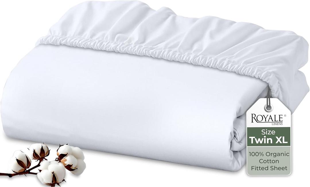 Royale Linens 100% Organic Cotton Fitted Sheet - Percale Weave - Super Soft Deep Pocket Bottom Sheets - White Elastic Sheet Twin XL Size - Twin XL Fitted Sheets Only - (39"x80"+15", White)