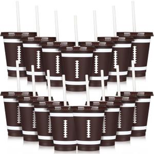 Domensi 20 Pieces Football Plastic Cups with Lid and Straw Reusable Tumbler Party Plastic Cups 16 oz Disposable Party Favors for Tailgate Sports Football Themed Birthday
