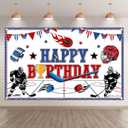 72x43inch Fabric Ice Hockey Happy Birthday Backdrop Helmets Sport Rink Theme Photography Background Kids Boys Game Party Decorations Photo Banner Props