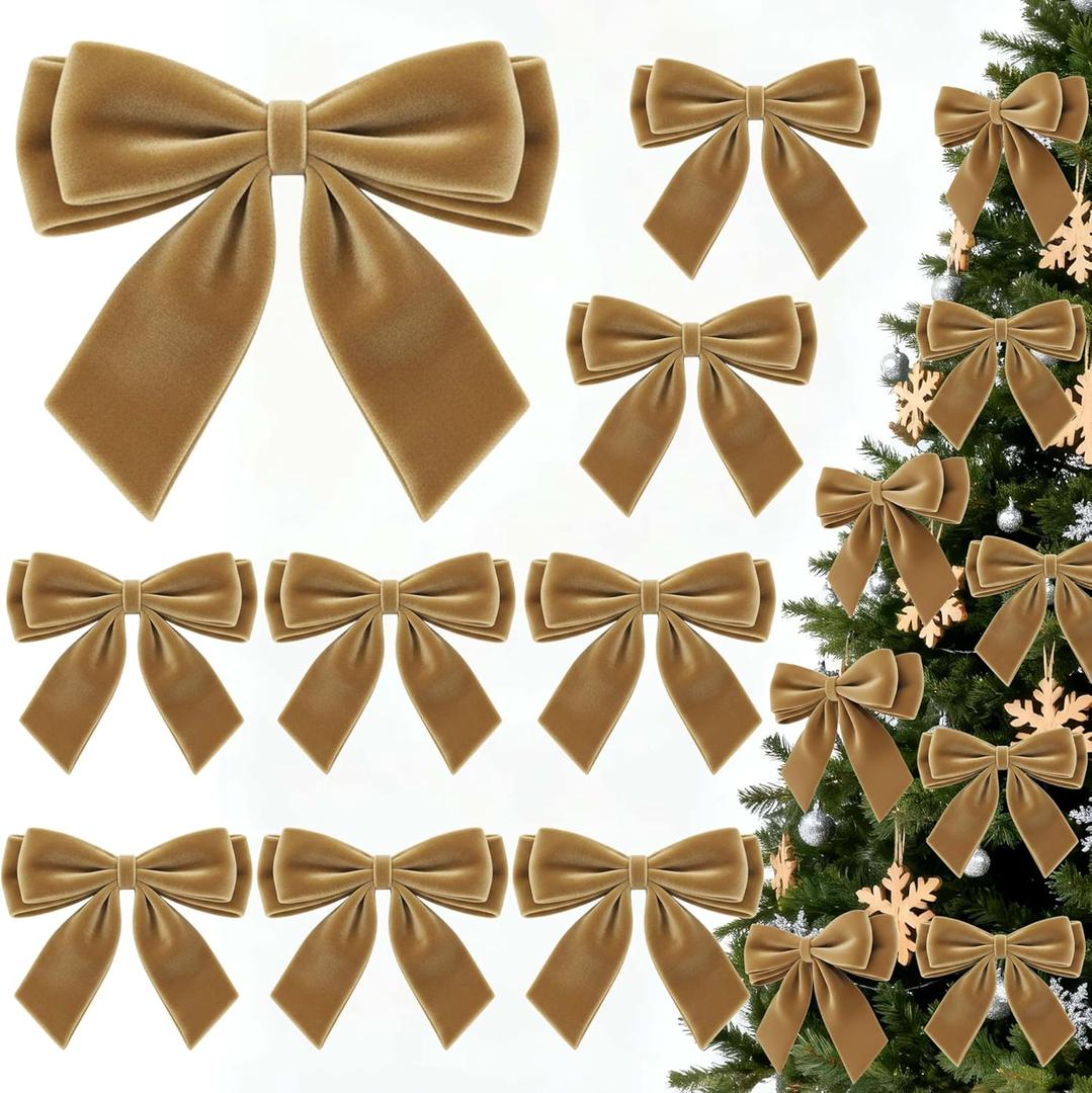 2 x 12Pcs Velvet Bows for Christmas Tree, Light Brown Bows Christmas Decorations with Twist Tie, Bulk Velvet Vintage Ornaments for Wreath Garland Gift Wrapping Wedding Champagne Parties Decor, 6*6in (Kahki)