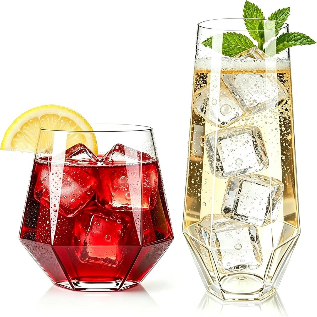 Lueumxc 56 Pack Plastic Wine Glasses Disposable Diamond Champagne Flutes, 32 Pcs 9 OZ Stemless Champagne Flutes & 24 Pcs 12 OZ Disposable Wine Glasses, BPA-Free, Diamond transparent
