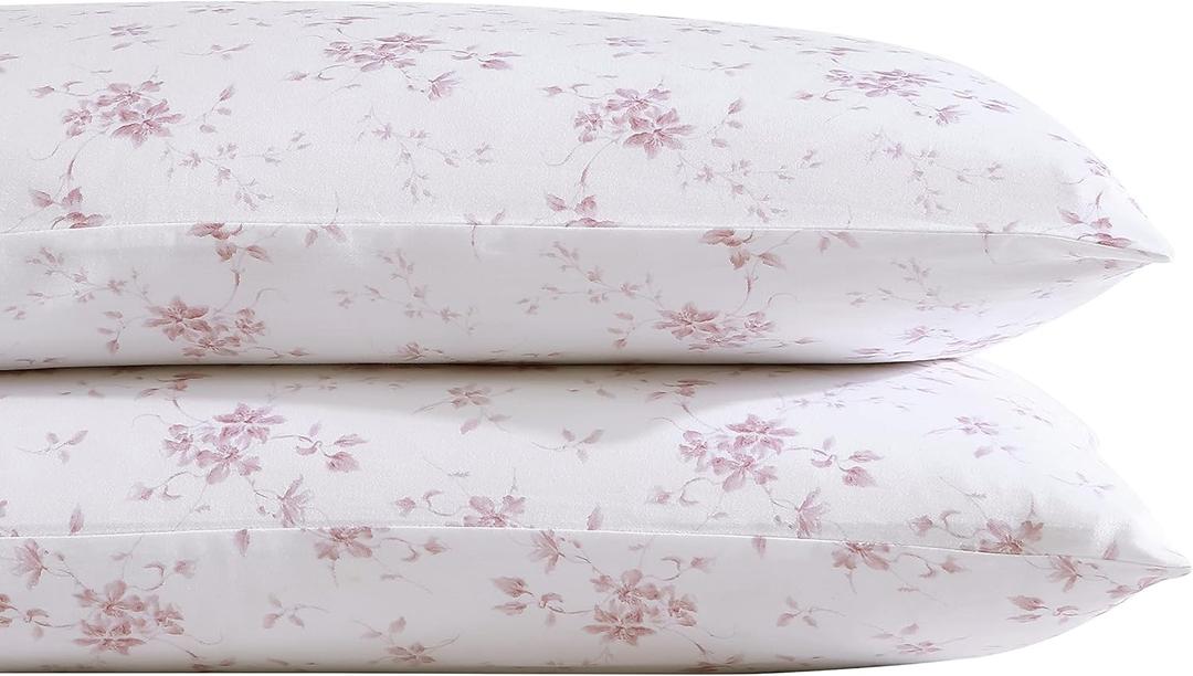 Laura Ashley Home - Standard Pillowcase Set, Cotton Sateen Bedding, Smooth & Wrinkle-Resistant (Garden Muse Pink, 2 Piece)