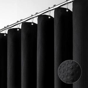 Dynamene Extra Long Fabric Shower Curtain - Waffle Weave 84 Inches Long Heavy Duty Cloth Shower Curtains for Bathroom, 256GSM Large Hotel Luxury Bath Curtain Set with 12 Plastic Hook, 72Wx84H, Black