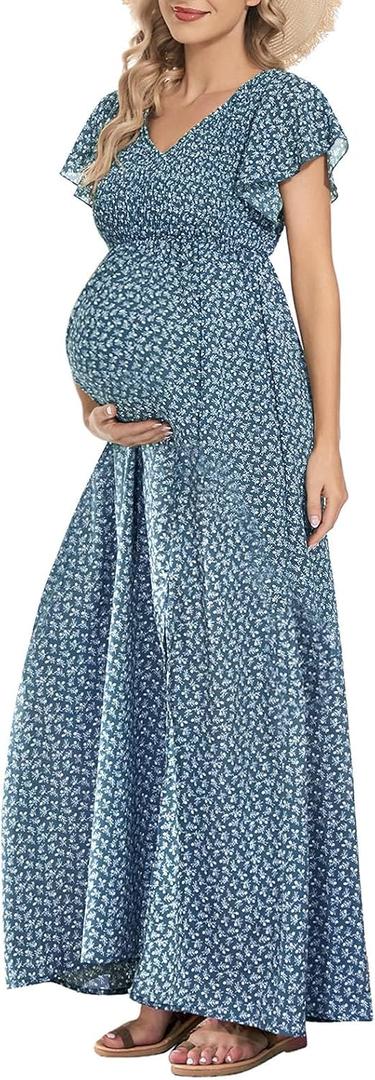 Floral Print V Neck Maternity Dress Boho Baby Shower Photoshoot Smocked Flutter Sleeve Split A Line Dress (Blue, S)