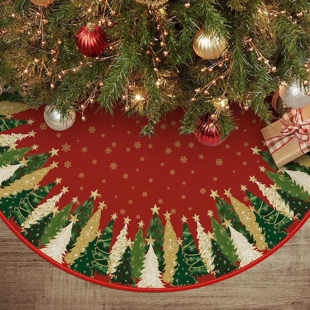 AVOIN colorlife Christmas Star Snowflake Red Christmas Tree Skirt 36 Inch, Evergreen Trees Ornament Winter Holiday Mat Decoration