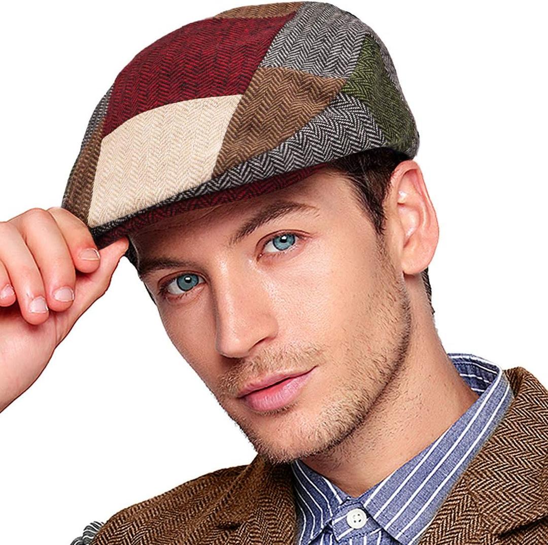 Herringbone Flat Ivy Newsboy Cap for Men Classic Wool Blend Tweed Cabbie Hat (Large-X-Large, Patchwork 02 With Red Brim)