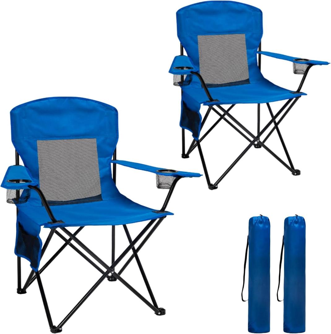Outdoor Camping Chairs Set of 2, Folding Portable Foldable Lawn Chair Support 300lbs with Cooling Mesh Backrest, 2 Cup Holder, Side Pocket for Concert, Carry Bag for Sports(Blue Mesh,2 Pack) (General)