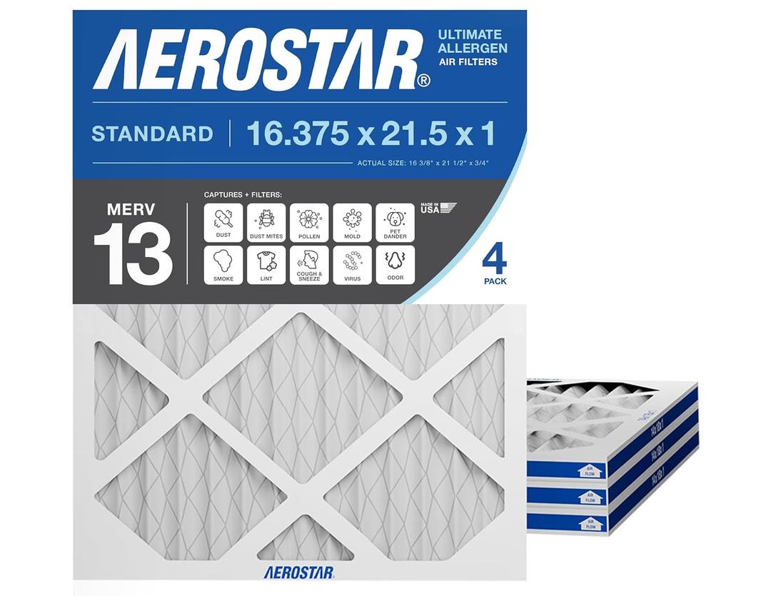 Aerostar 16.375 x 21.5 x 1 MERV 13 Air Filter, 4 Pack Set of HVAC Furnace Filters, Electrostatic MPR 1500-1900 & FPR 10 (Actual Size: 16 3/8 x 21 1/2 x 3/4 inches)