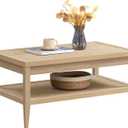 SICOTAS Rattan Coffee Table for Living Room - Boho Rectangular Dining Center Table with 2 -Tiers Rattan Storage Shelf, Farmhouse Accent Table for Living Room, Home Office, Light Oak, 1 Piece