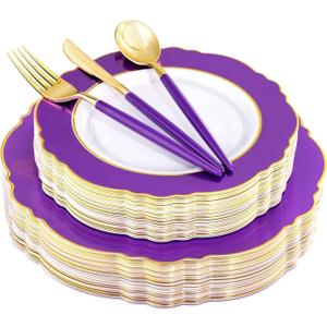 WDF 30Guest Purple Plastic Plates with Gold Rim & Disposable Gold Plastic Silverware With Purple Handle - Baroque Party Plates Mardi Gras Plate for Birthday Parties/Wedding