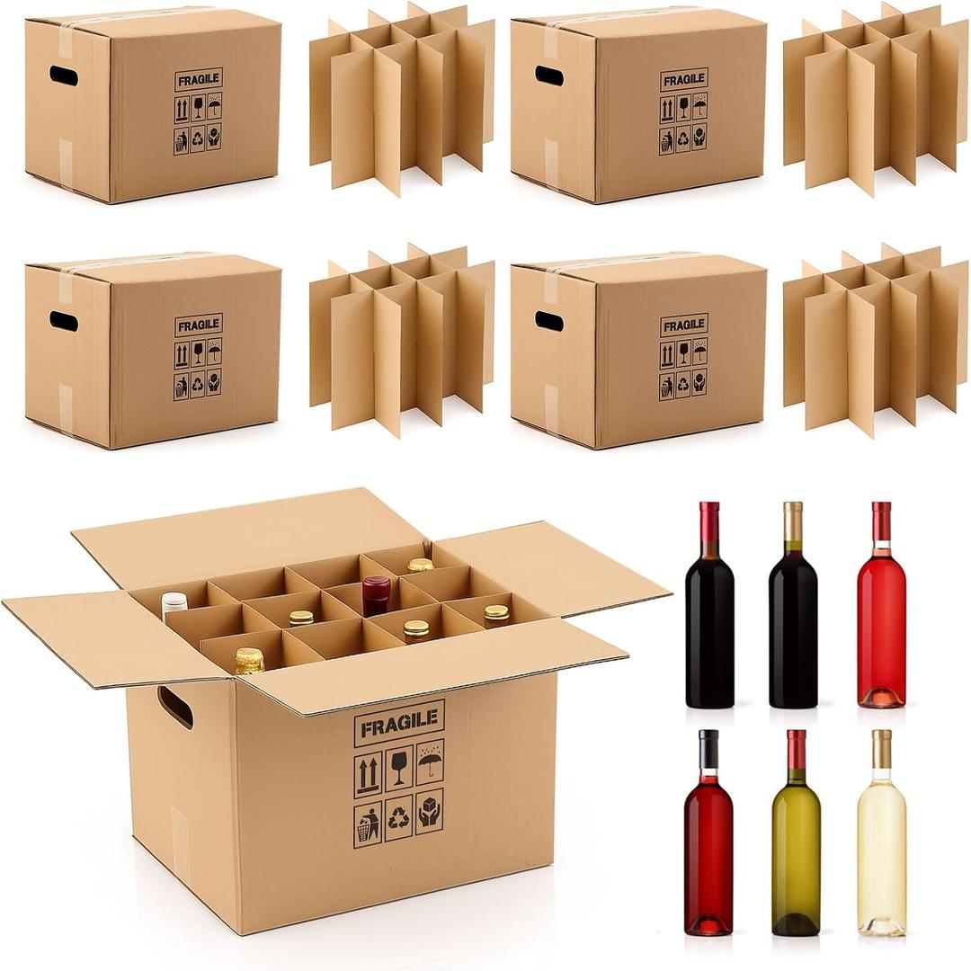 Tatuo 10 Sets Wine Boxes for Moving Kits 16 x 12 x 12 Inch Corrugated 12 Bottle Thickened Cardboard Glass Dividers with Handle for Kitchen Shipping Wine Glassware Dish Packing Moving (Box Included)