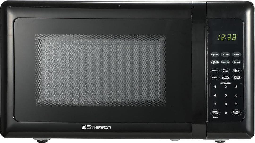 Emerson MW7302B Compact Countertop Microwave Oven with Touch Control, LED Display, 700W, 10 Power Levels, 6 Auto Menus, Glass Turntable and Child Safe Lock, 0.7 Cu., Ft. Black