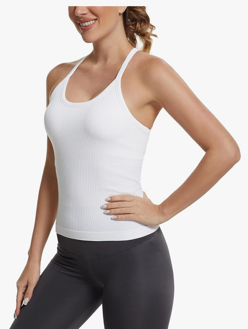 MathCat Seamless Workout Tank Tops with Built in Bra，Racerback Athletic Tank Tops Ribbed Soft Yoga Shirt Size XS