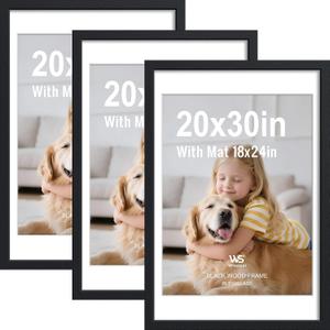 20x30 Poster Frame 3 Pack, Black Wood with Plexiglass, 18x24 Mat