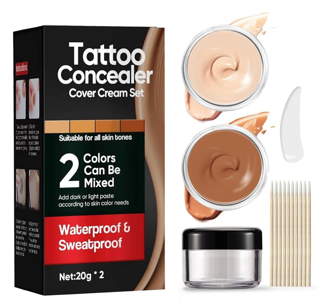 Tattoo Cover Up Makeup, 2-Color Waterproof & Sweatproof Concealer Set, Long-Lasting Camouflage for Body Tattoos, Imperfections & Spots, Natural Invisible Finish