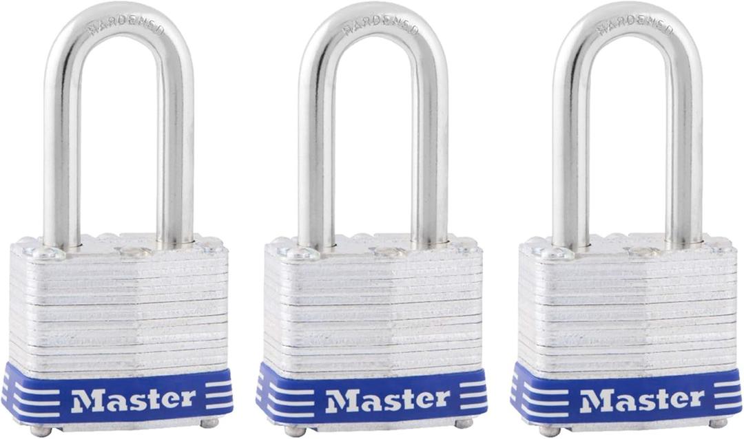 Master Lock Outdoor Padlocks, Lock Set with Keys, Keyed Alike Padlocks with Long Hardened Shackles That Resist Cutting for Gates, Sheds, Fences, 3 Pack, 3TRILF (1-1/2" shackle)