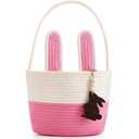Pro Goleem Easter Basket for Kids, Adorable Woven Egg Hunt Bucket with Handle, Soft First Easter Gift Tote Bag, Nursery Toy Storage Bin with Tag(Pink)