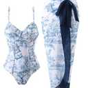 Women's One Piece Swimsuit with Beach Cover Up Retro Floral Print Bathing Suits with Coverup Set Sarong Wrap Swim Suit 1 Piece Swimwear Set with Matching Skirt Blue Floral Medium