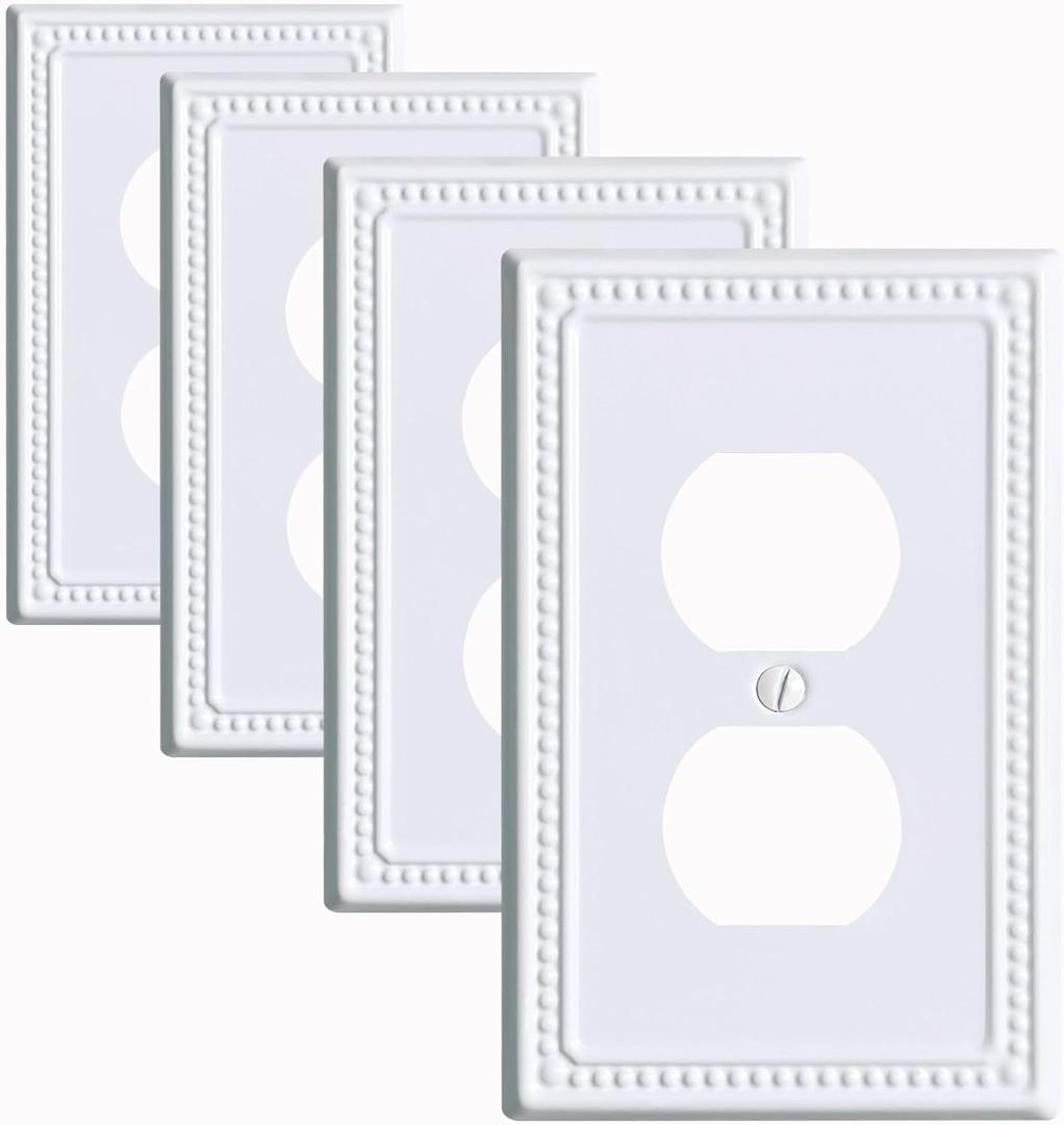 Metal Outlet Covers Wall Plates, White Beadboard Switch Plate Cover, Receptacle Light Switch Covers, Decorative Electrical Outlet Cover (1 Gang Duplex 4 Pack)