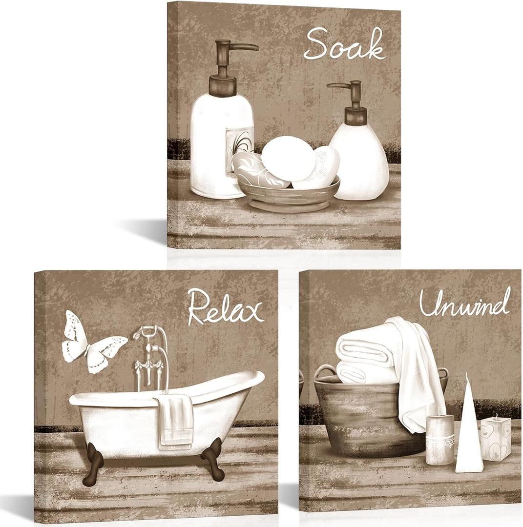 RnnJoile Beige Bathroom Pictures Wall Art Bathtub Spa Painting Prints Decorative Relax Soak Unwind Artwork for Bathroom Framed
